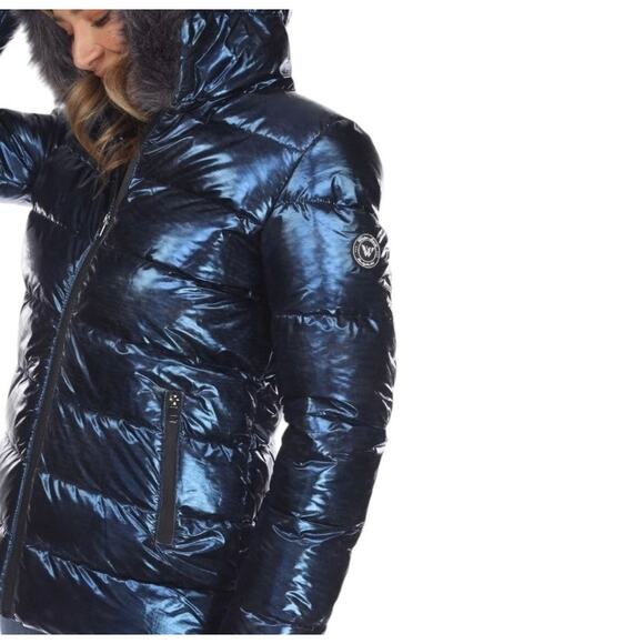 NEW WHITE MARK Metallic Puffer Coat with Faux Fur Trim Hood Navy Size 1XL Y2K - Picture 1 of 9